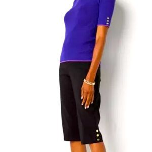 LIZ CLAIBORNE ALYSSA PEDAL PUSHER BLACK MID RISE PULL ON STRETCH GOLD BUTTONS